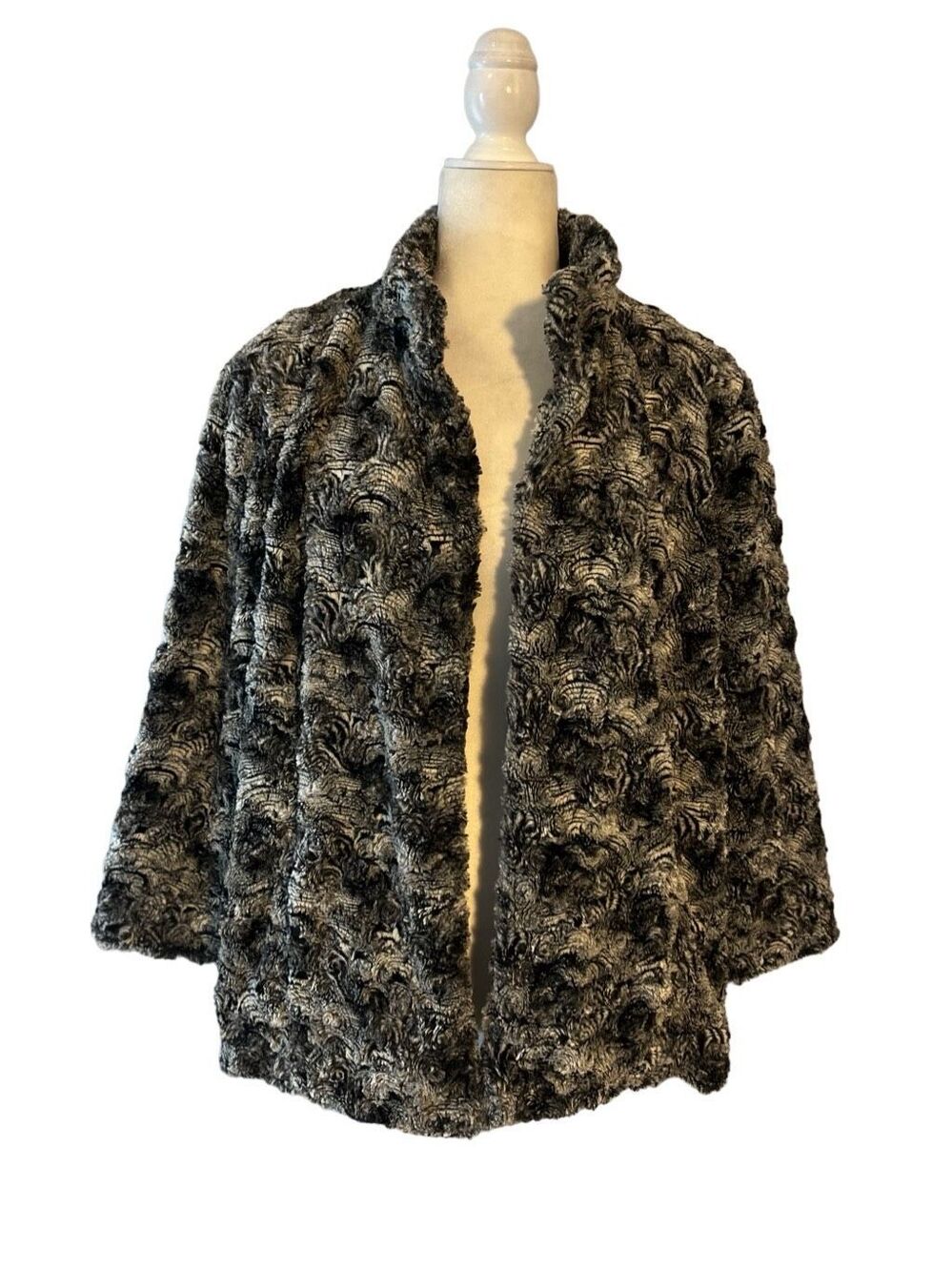 Chico’s plush swing jacket with black and white faux fur  swirl pattern - L